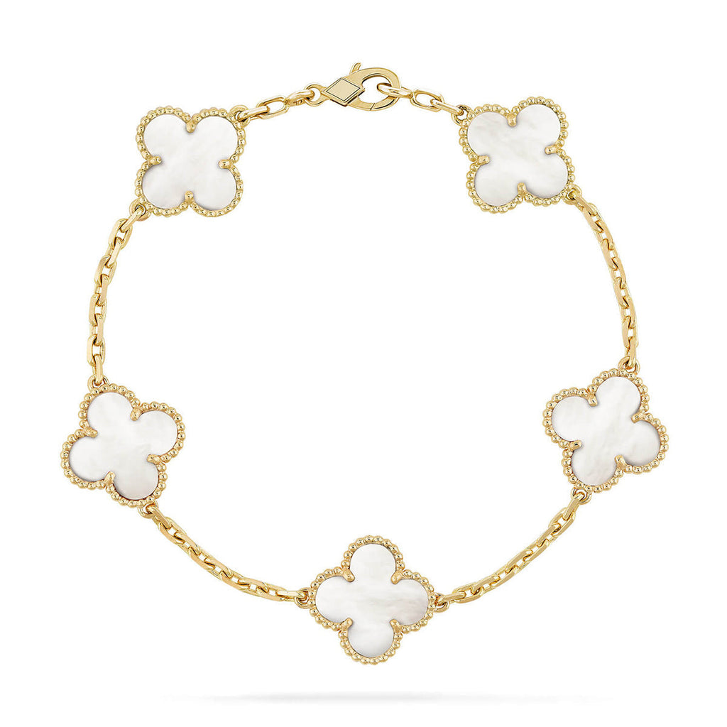 VCA CLOVER WHITE PEARL MOP 5 MOTIF BRACELET COLLECTION