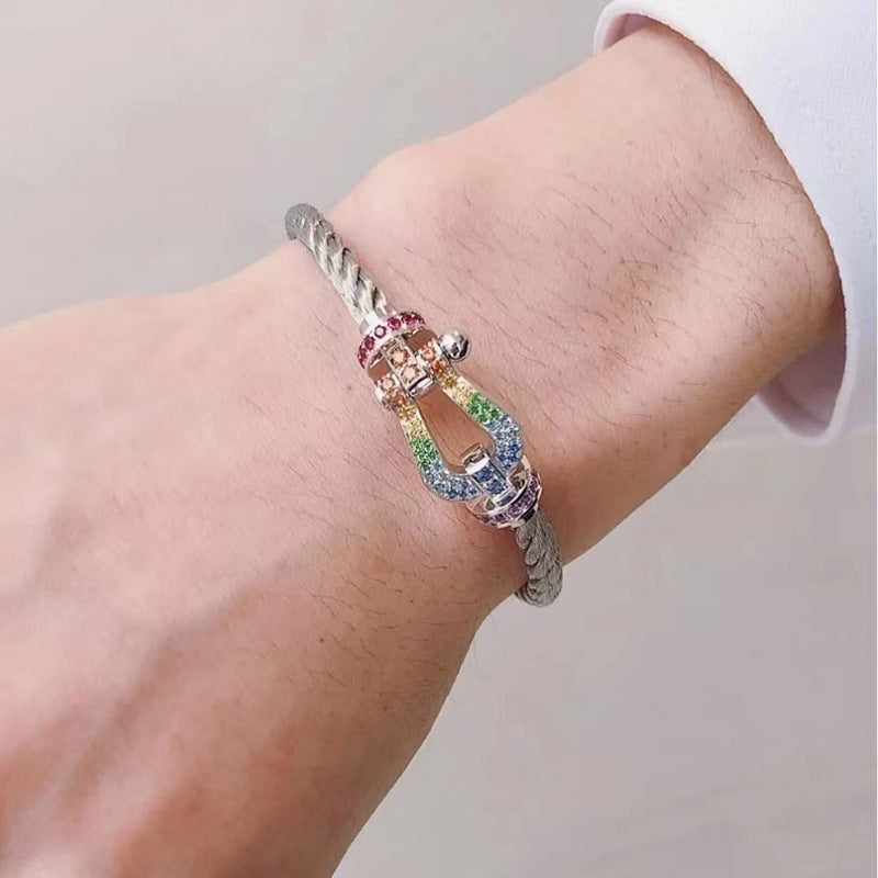 FRED FORC LARGE HORSESHOE COLORED DIAMOND BRACELET SILVER