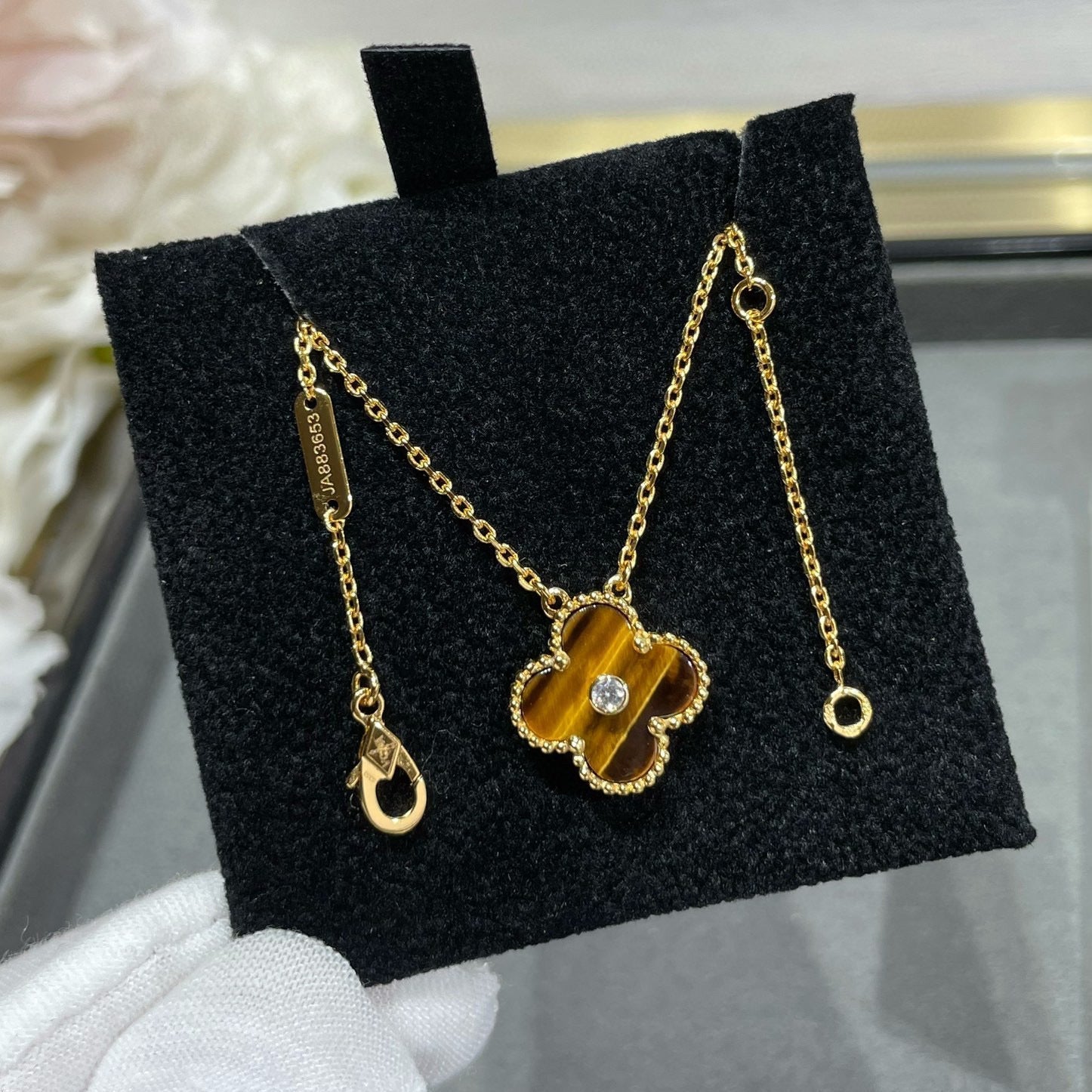 VCA CLOVER 15MM DIAMOND AND YELLOW TIGER'S EYE AGATE necklace