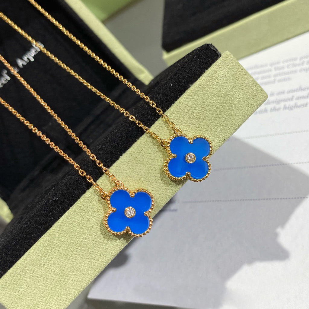 VCA CLOVER 15MM DIAMOND AND BLUE AGATE NECKLACE
