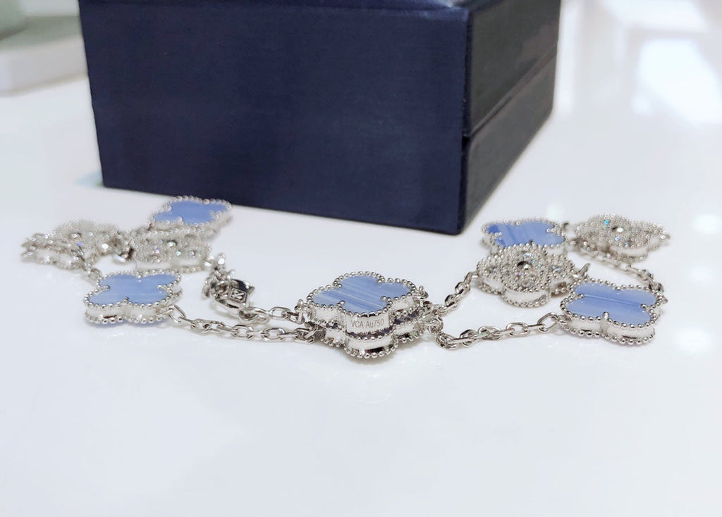 VCA CLOVER 10 MOTIFS CHALCEDONY DIAMONDS SILVER NECKLACE